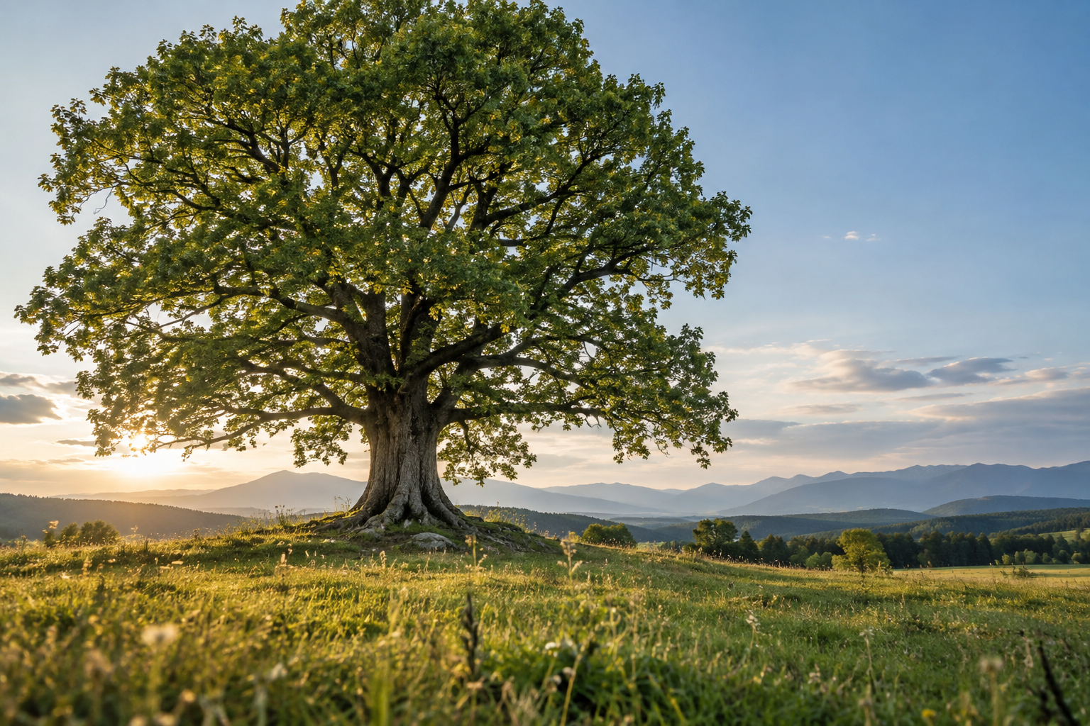 Großer, tief verwurzelter Baum mit weiter Krone und vielen grünen Blättern