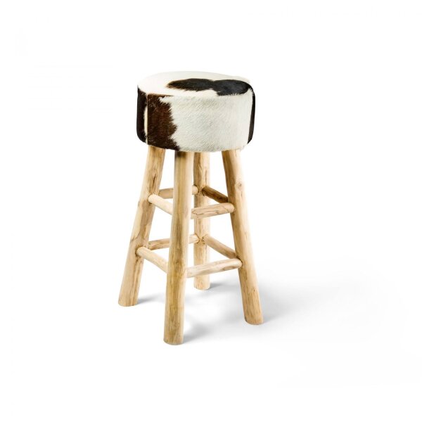 Stierfell-Bar-Hocker echtes Stierfell Barstuhl schwarz/weiß rund Holzfuß 80cm hoch