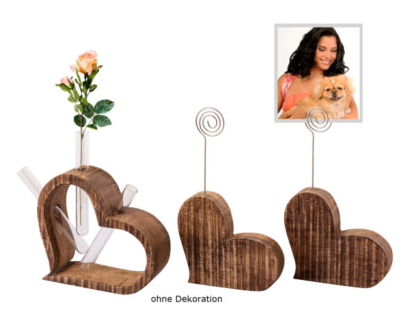 Fotoständer Blumenvase Set 3-teilig Herzen Fotohalter Mangoholz massiv