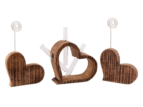 Fotoständer Blumenvase Set 3-teilig Herzen Fotohalter Mangoholz massiv