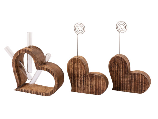 Fotoständer Blumenvase Set 3-teilig Herzen Fotohalter Mangoholz massiv
