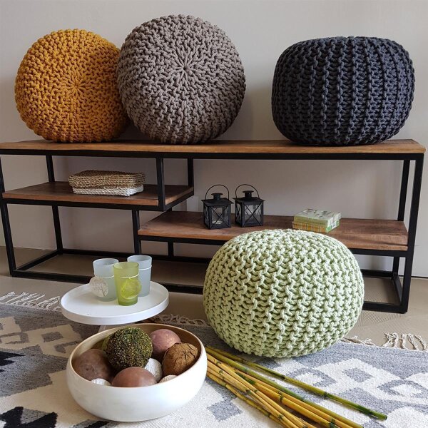 Pouf Strickhocker rund – handgemacht aus recycelter Baumwolle, nachhaltig Ø 55cm