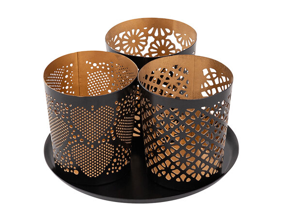 Kerzenhalter 3er Set Kerzenständer Kreta Teelichthalter rund schwarz gold