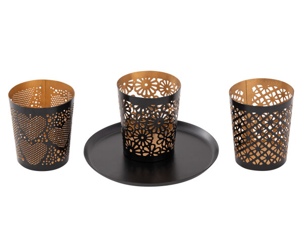 Kerzenhalter 3er Set Kerzenständer Kreta Teelichthalter rund schwarz gold