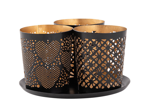 Kerzenhalter 3er Set Kerzenständer Kreta Teelichthalter rund schwarz gold