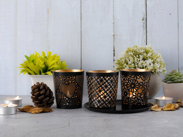 Kerzenhalter 3er Set Kerzenständer Kreta Teelichthalter rund schwarz gold