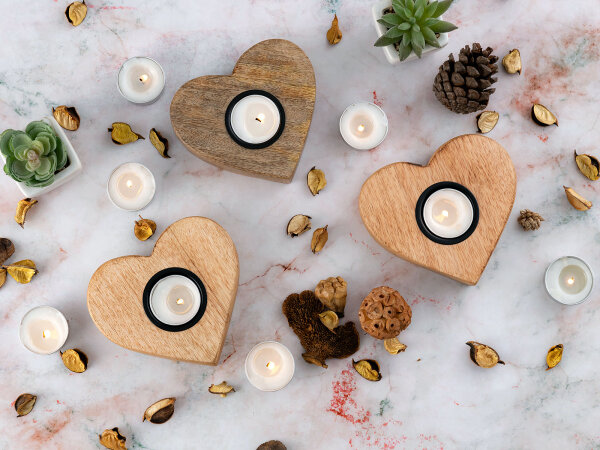 Teelichthalter 3er Set Kerzenständer Teelichter Herzilein Kerzenhalter Mangoholz