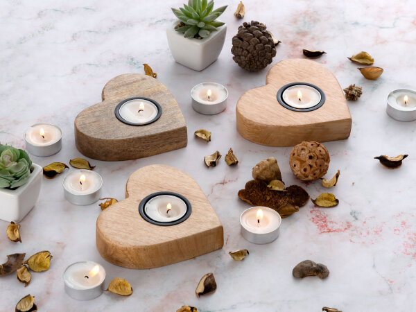 Teelichthalter 3er Set Kerzenständer Teelichter Herzilein Kerzenhalter Mangoholz