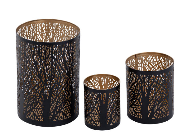 Windlicht 3er Set Kerzenständer Forest Teelichthalter rund schwarz gold