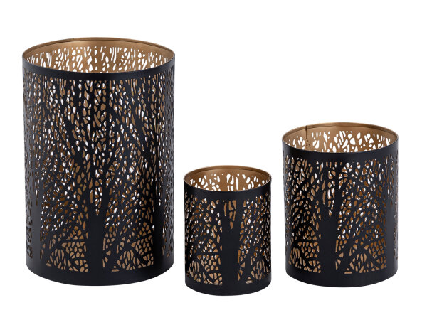 Windlicht 3er Set Kerzenständer Forest Teelichthalter rund schwarz gold
