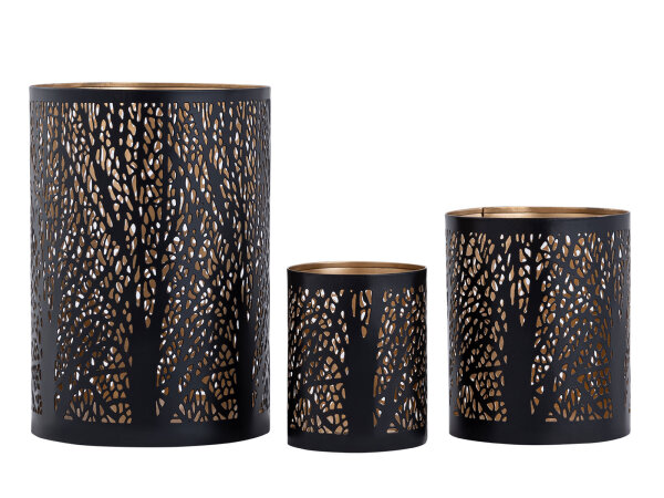 Windlicht 3er Set Kerzenständer Forest Teelichthalter rund schwarz gold