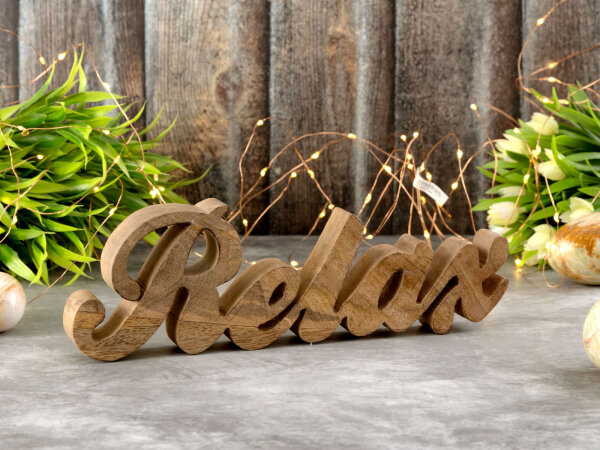 Schriftzug Holzfigur Relax Dekoschrift Mangoholz massiv B28x9cm