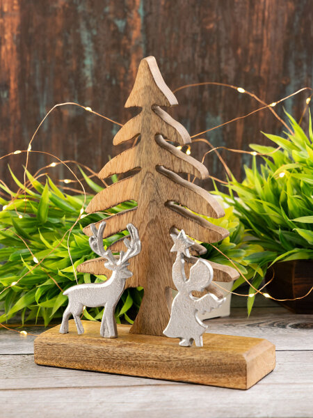 Holzfigur Weihnachtsbaum mit Hirsch u. Engel Weihnachtsdeko Mangoholz Aluminium