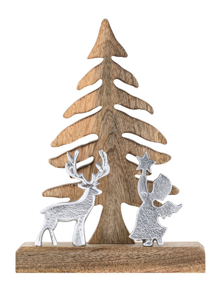 Holzfigur Weihnachtsbaum mit Hirsch u. Engel Weihnachtsdeko Mangoholz Aluminium