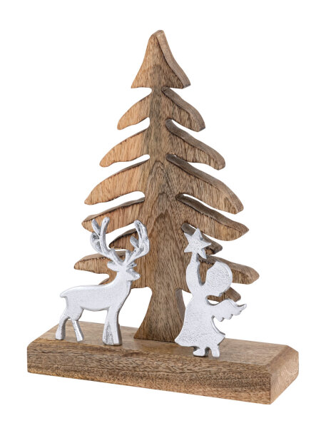 Holzfigur Weihnachtsbaum mit Hirsch u. Engel Weihnachtsdeko Mangoholz Aluminium