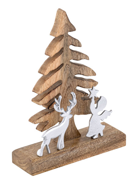 Holzfigur Weihnachtsbaum mit Hirsch u. Engel Weihnachtsdeko Mangoholz Aluminium