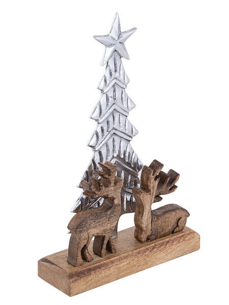 Dekofigur Weihnachtsbaum Hirschen 20x31cm Weihnachtsdeko Mangoholz Aluminium