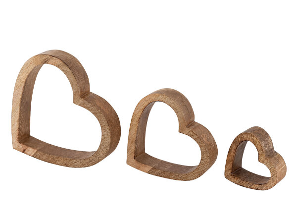 Dekofigur Herzen 3er Set Holzfigur 24/18/11cm Hochzeitsdekoration Mangoholz