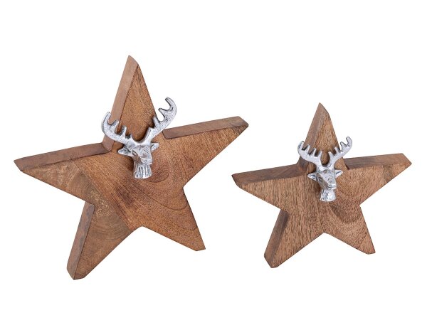 Holzfigur Stern 2er Set mit Hirschkopf 25/19cm Aufsteller Mangoholz Aluminium
