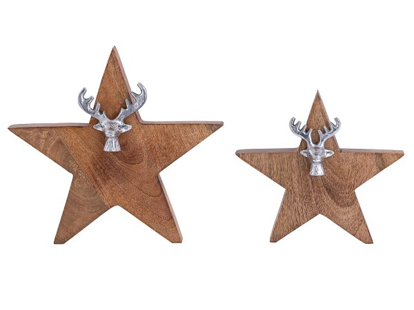 Holzfigur Stern 2er Set mit Hirschkopf 25/19cm Aufsteller Mangoholz Aluminium