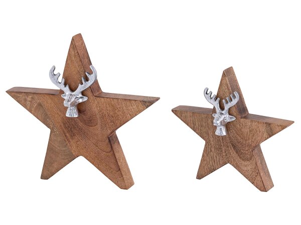 Holzfigur Stern 2er Set mit Hirschkopf 25/19cm Aufsteller Mangoholz Aluminium