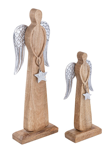 Dekofigur Engel 2er Set Weihnachtsdeko Aufsteller Mangoholz Aluminium