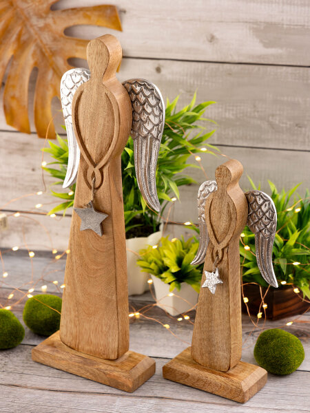 Dekofigur Engel 2er Set Weihnachtsdeko Aufsteller Mangoholz Aluminium