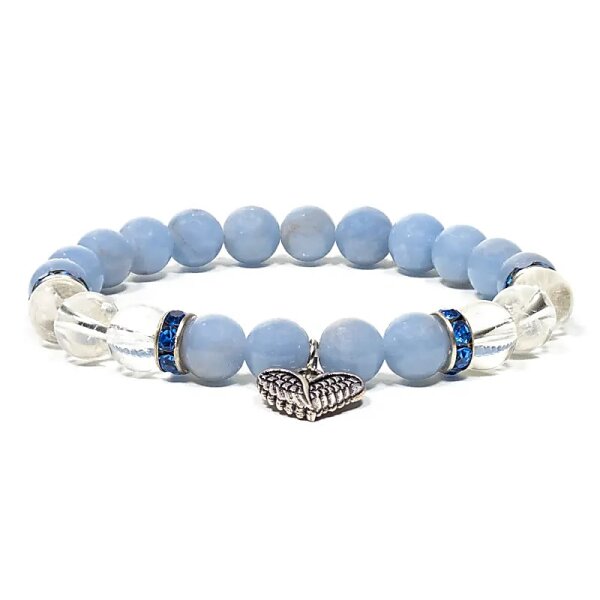 Angelit / Bergkristall Armband mit Herz elastisch -- 0.8 cm