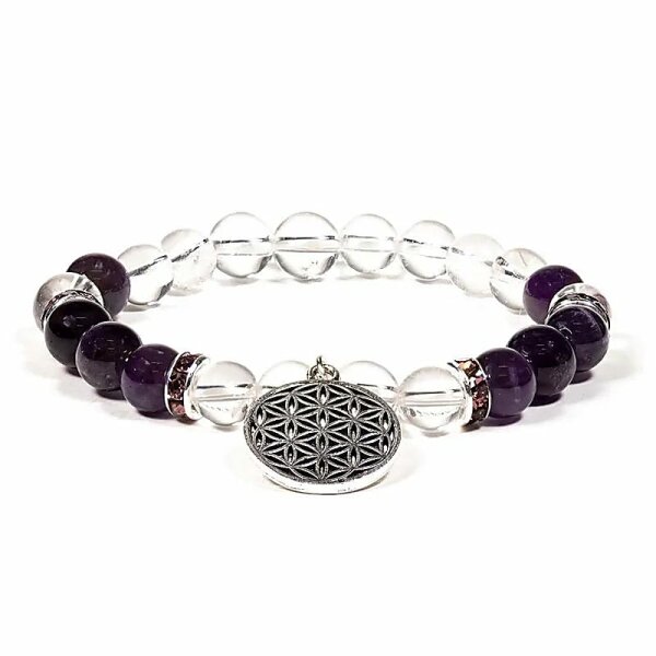 Armband Bergkristall/Amethyst+Blume des Lebens -- 8 mm