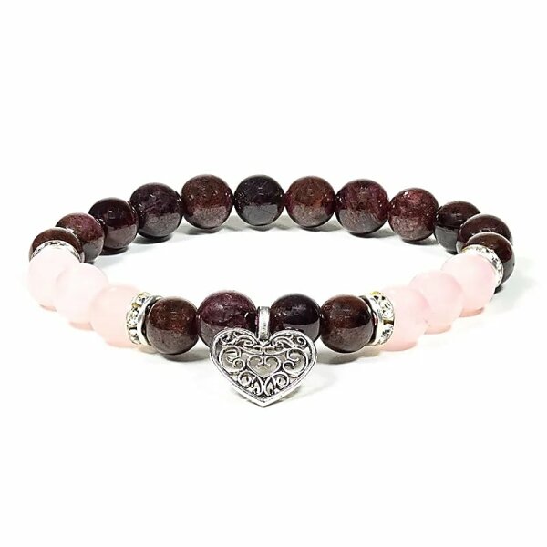 Armband Granat/Rosenquarz mit Herz -- 8mm