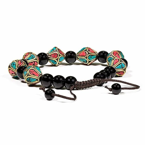 Armband Türkis, Koralle & schwarzer Achat verstellbar -- ±7cm