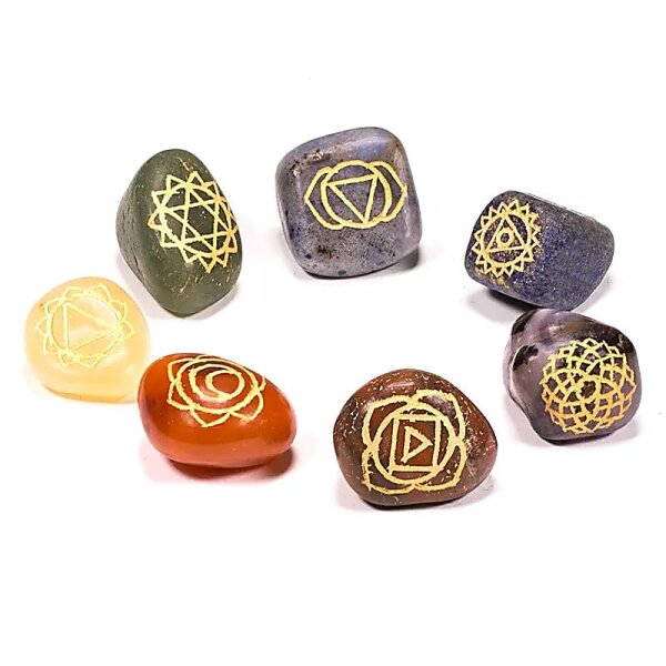 Chakra engraved tumbled stones SET of 7 -- 1.5-2.5 cm