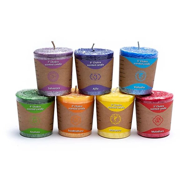 Chakra Votive Duftkerzen 7 x in Geschenkbox -- 4.5x4 cm