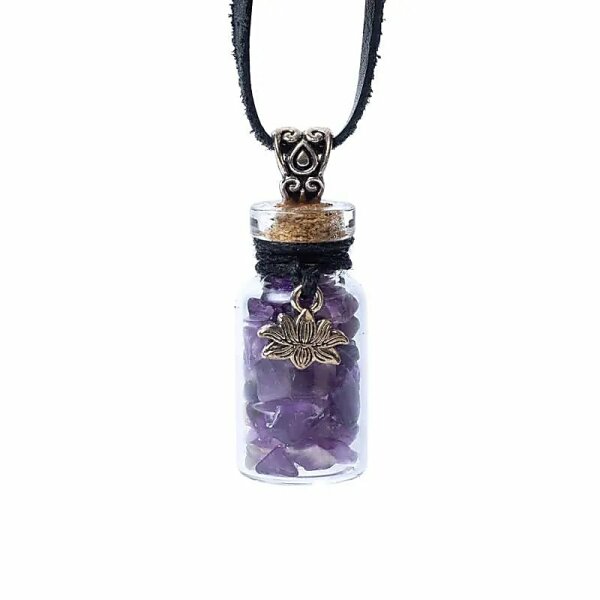 Geschenkflasche aus Glas und Kordel mit Amethyst und Lotos -- 3,6cm