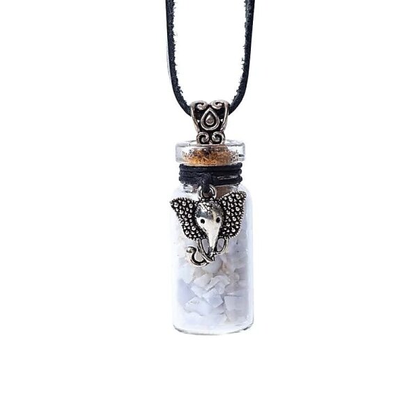 Geschenkflasche aus Glas und Kordel mit blauem Spitzenachat und Ganesha -- 3,6cm
