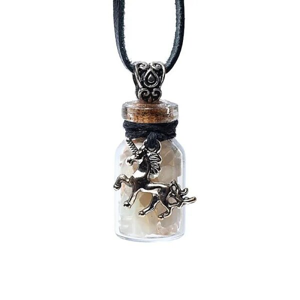 Geschenkflasche aus Glas und Kordel mit mehrfarbigem Mondstein und Einhorn -- 3,6cm