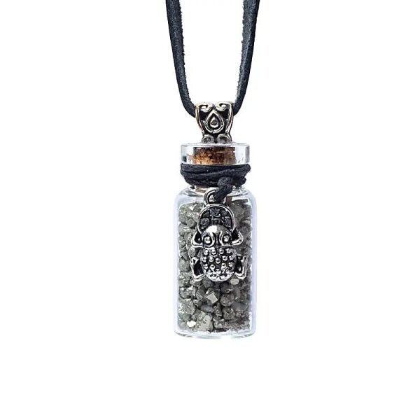Geschenkflasche aus Glas und Kordel mit Pyrit und Feng Shui Frosch -- 3,6cm