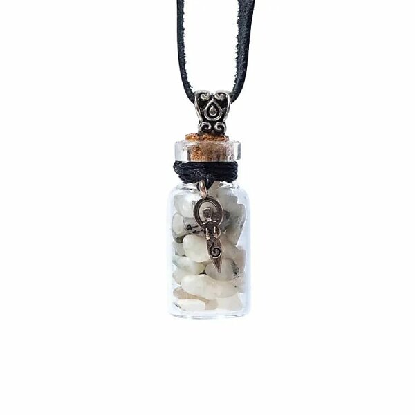 Geschenkflasche aus Glas und Kordel mit Regenbogen-Mondstein und Göttinnen-Symbol -- 3,6cm