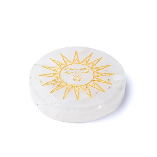 Gravierte Mineralienscheibe Bergkristall Sonne -- ±5cm