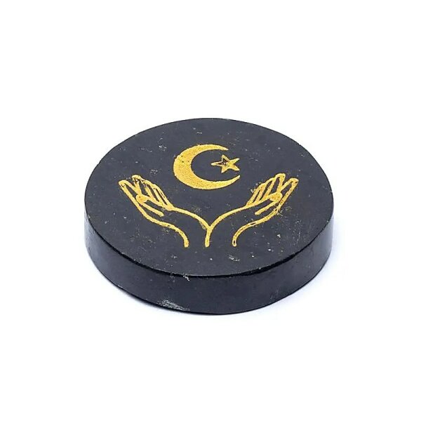 Gravierte Mineralscheibe schwarzer Turmalin Hände, Mond und Stern -- ±5cm