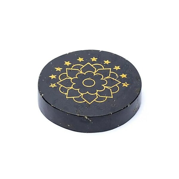 Gravierte Mineralscheibe schwarzer Turmalin Lotus -- ±5cm