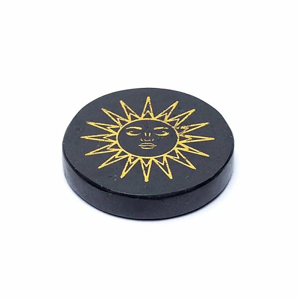 Gravierte Mineralscheibe schwarzer Turmalin Sonne -- ±5cm