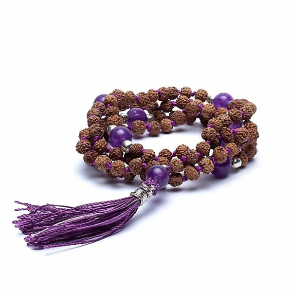 Mala Rudraksha und Amethyst mit violetter Quaste -- 0.5 cm