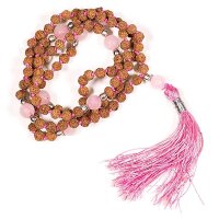 Mala Rudraksha und Rosenquarz mit rosa Quaste -- 0.5 cm