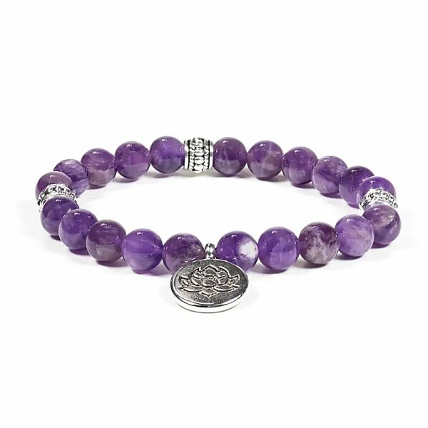 Mala/Armband Amethyst elastisch mit Lotus -- 0.8 cm
