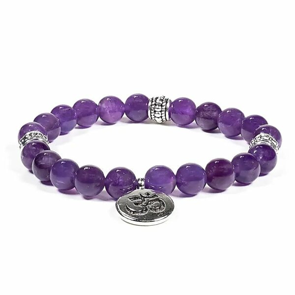 Mala/Armband Amethyst elastisch mit Om -- 0.8 cm