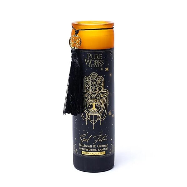 Manifestationskerze Good Fortune im Glas mit Quaste -- 300g