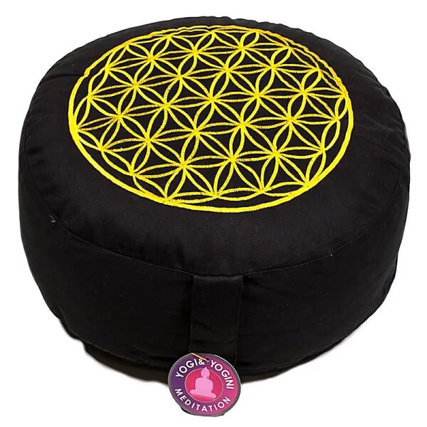 Meditationskissen schwarz/gold - Blume des Lebens -- 33x17 cm