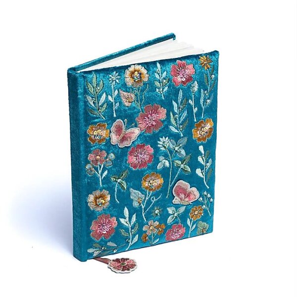 Notizbuch Samt blau mit Blumen -- 20x15 cm