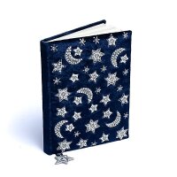Notizbuch Samt dunkelblau mit Mond und Sternen -- 20x15 cm
